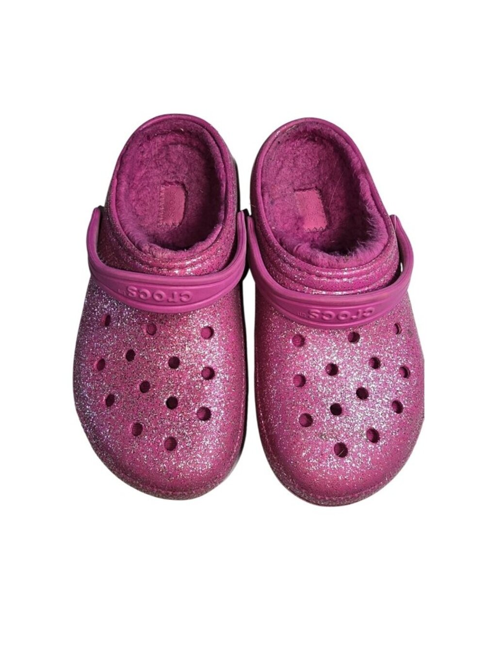 Girls Sparkly Pink Crocs Classic Lined Clog Size J4 With Glitter Finish & Fuzzy